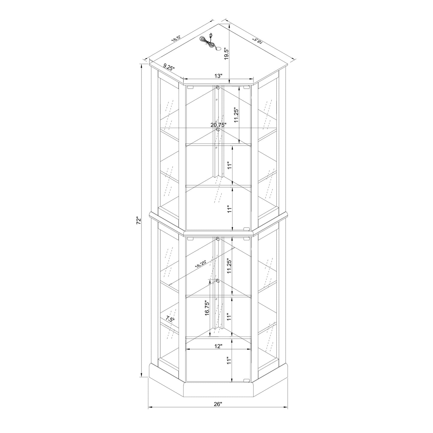 6 Shelf Corner Curio Display Cabinet with Lights, Mirrors and Adjustable Shelves, Oak(E26 light bulb not included)