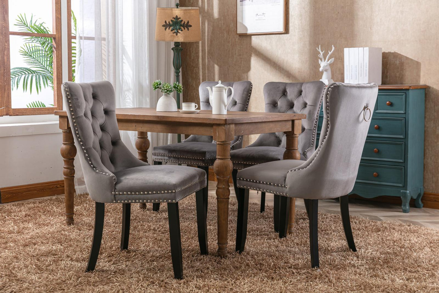 Modern, High-end Tufted Solid Wood Contemporary Velvet Upholstered Dining Chair with Wood Legs Nailhead Trim 2-Pcs Set,Gray