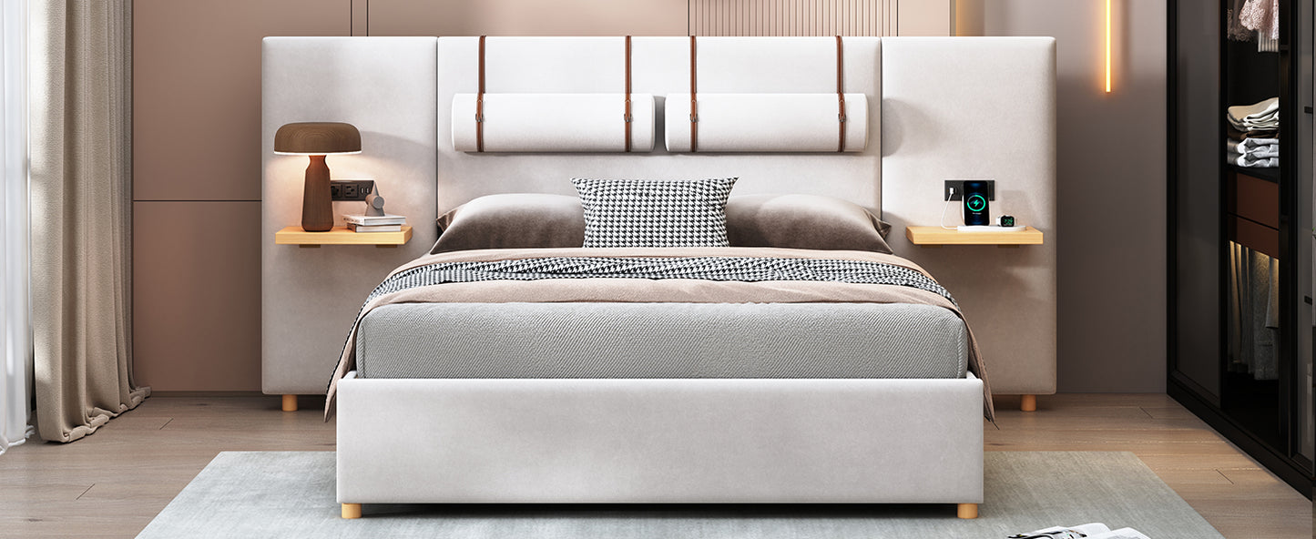 Queen Size Upholstered Platform Bed, Two Outlets and USB Charging Ports on Both Sides, Two Bedside Pillows, Storage Shelves, Beige