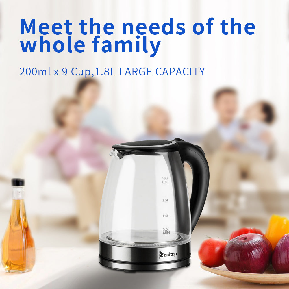 ZOKOP HD-1857-A 110V 1200W 1.8L Electric Glass Kettle US Plug