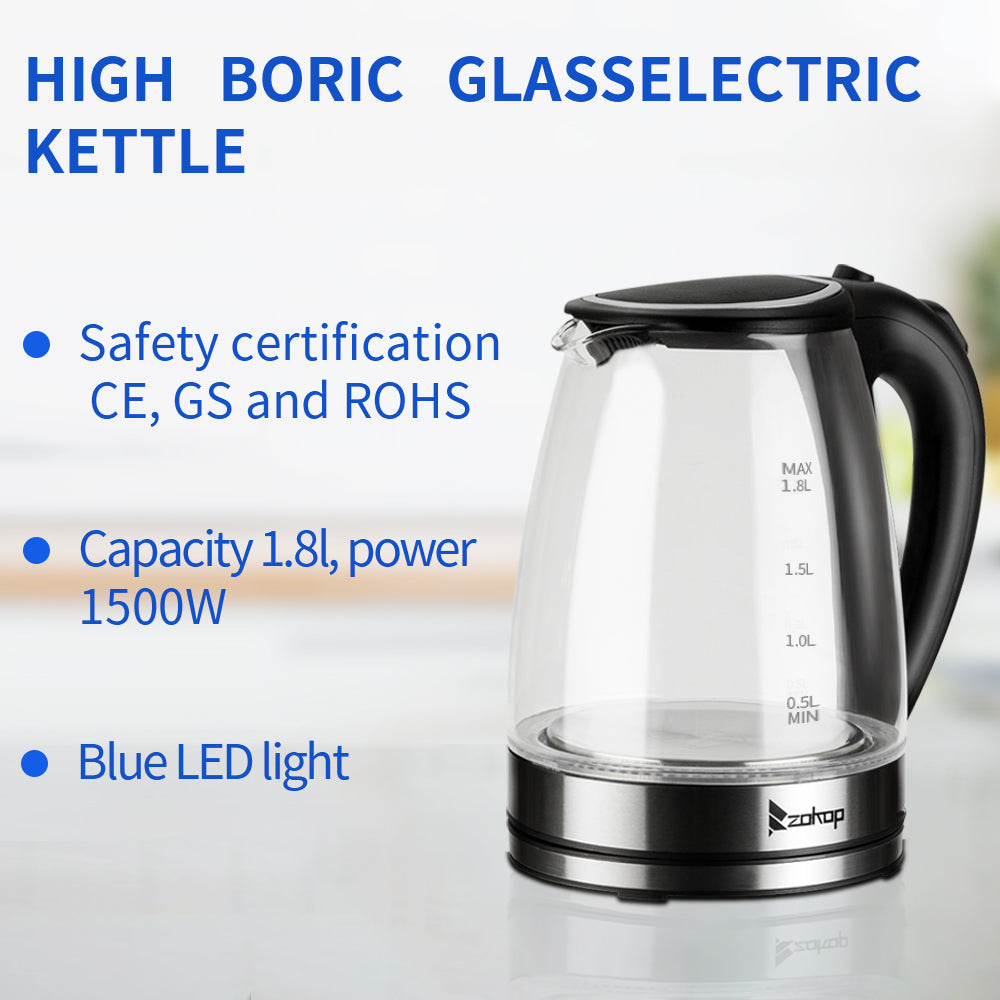 ZOKOP HD-1857-A 110V 1200W 1.8L Electric Glass Kettle US Plug