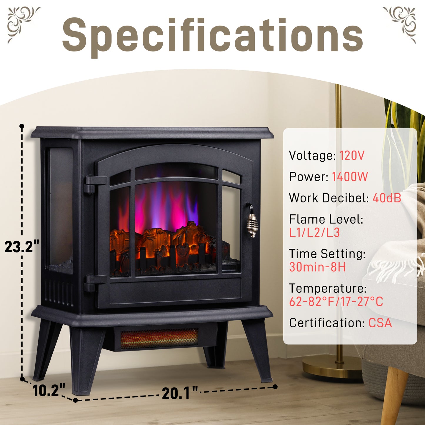 20" Electric Fireplace Stove, Freestanding Indoor Fireplace Heater with 3-Level Dimmable Flame Effect and 8H Timer, Remote Control, 1400W, Black