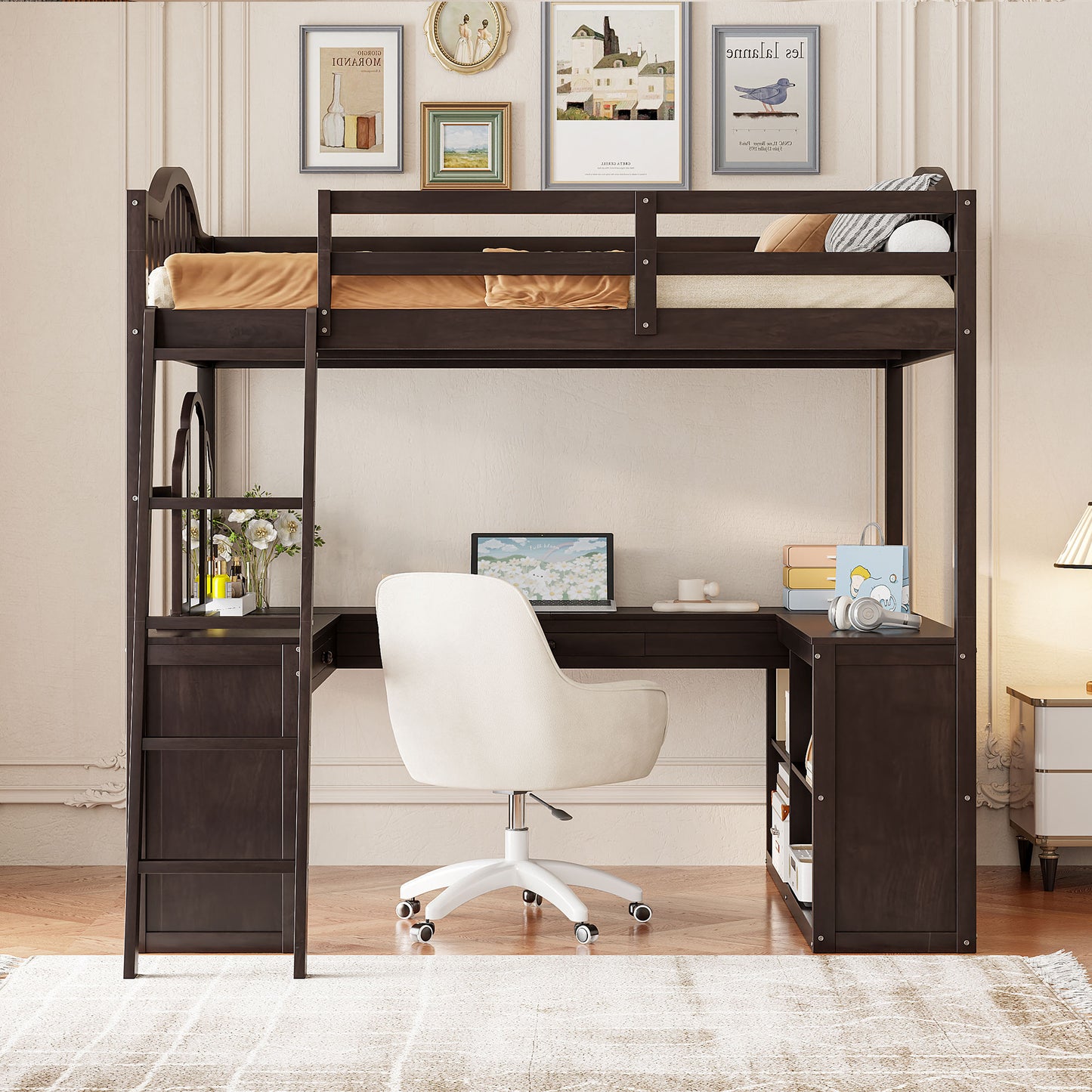 Full Wooden Loft Bed with U-shaped Desk,Storage Compartments and Tri-fold Mirror, Espresso