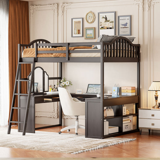 Full Wooden Loft Bed with U-shaped Desk,Storage Compartments and Tri-fold Mirror, Espresso
