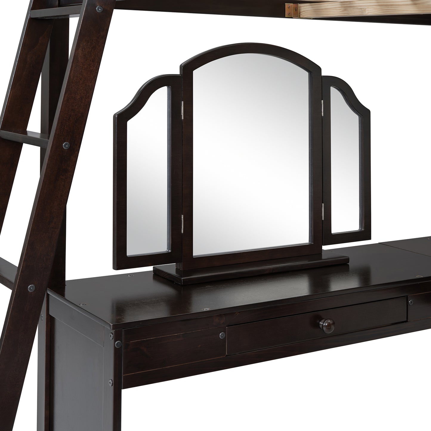 Full Wooden Loft Bed with U-shaped Desk,Storage Compartments and Tri-fold Mirror, Espresso