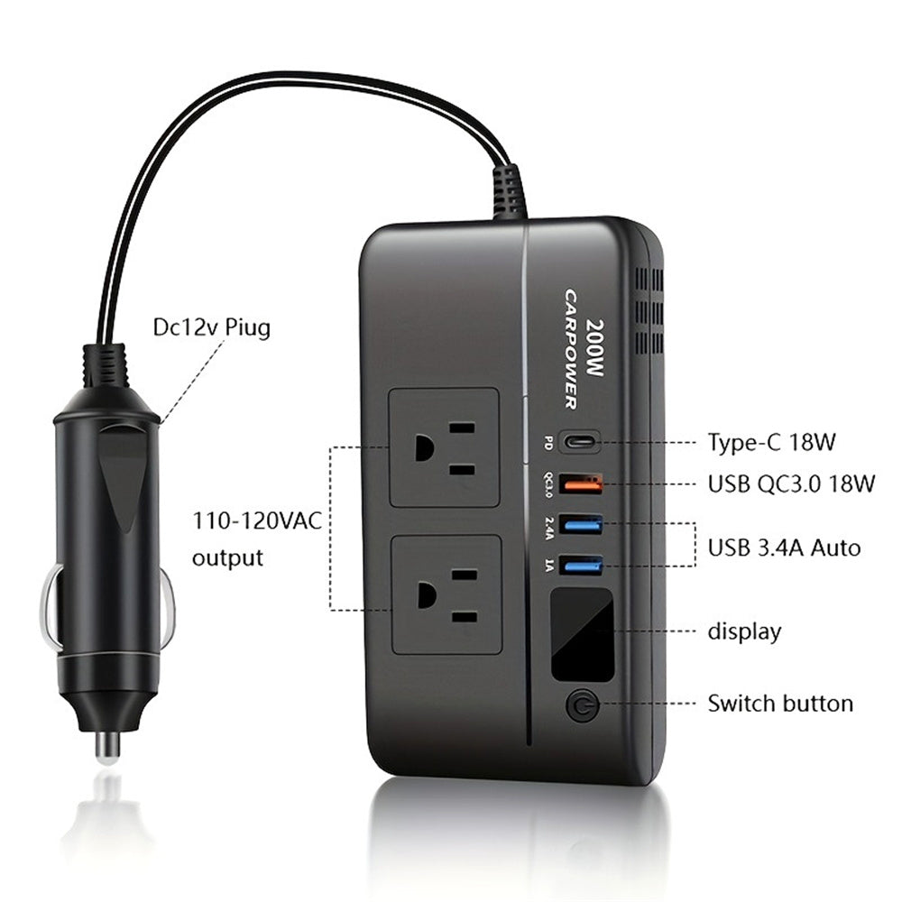 Multi Bulton Socket Car Inverter Mulifunctional Car Power Converter Socket -12V To 220V