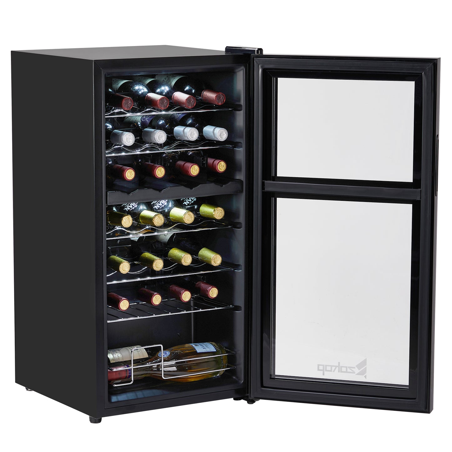 Dual Zone Wine and Beverage Refridgerator, 28 Bottle Wine Fridge with Independent Temperature Control & Glass Door, Freestanding Wine Cooler Chiller for Wine Champagne Beer