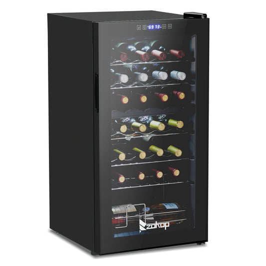 Dual Zone Wine and Beverage Refridgerator, 28 Bottle Wine Fridge with Independent Temperature Control & Glass Door, Freestanding Wine Cooler Chiller for Wine Champagne Beer