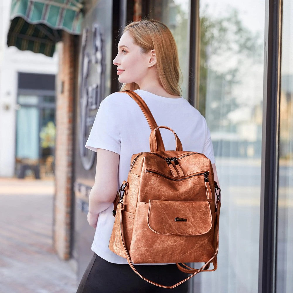 Backpack Purse for Womens, Waterproof PU Leather Backpacks Handbags, Ladies Casual Shoulder Bags Brown（No shipment on weekends）