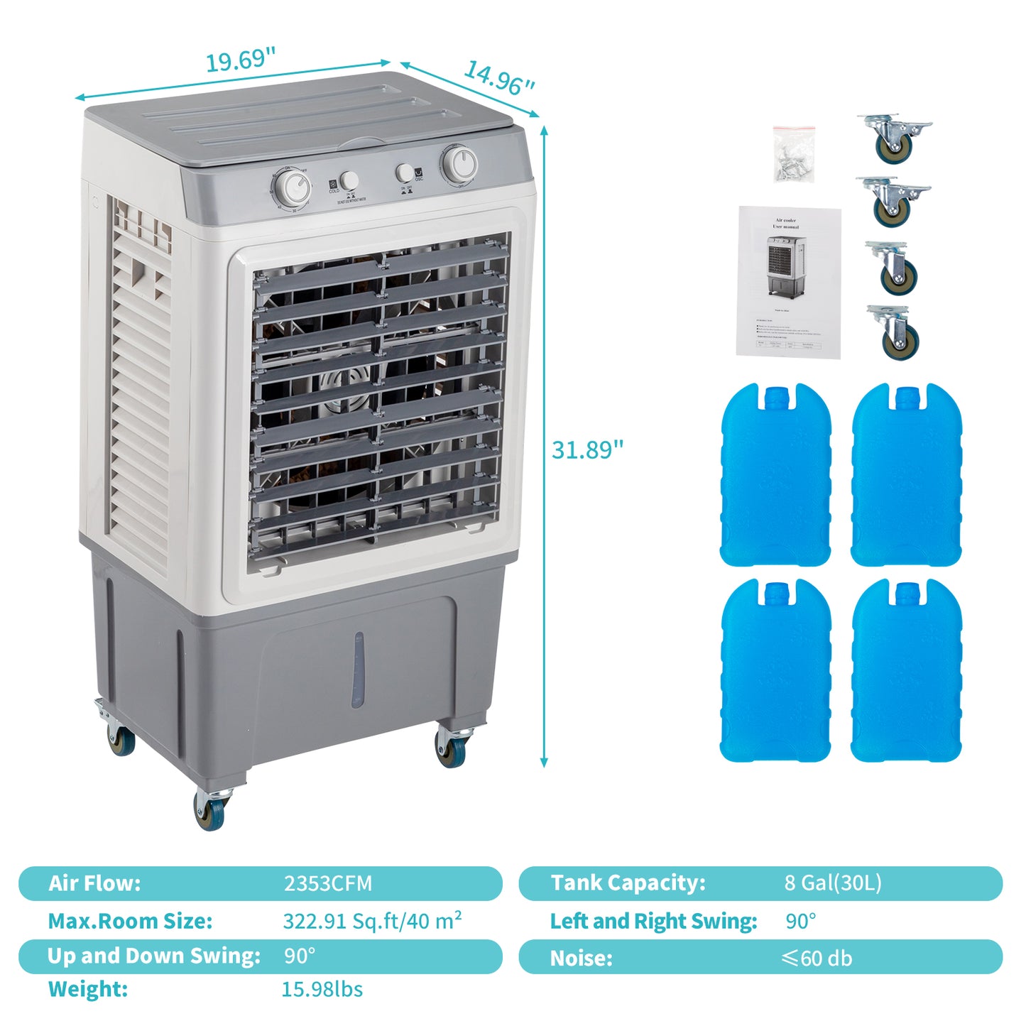 3 in 1 Portable Evaporative Cooler,Indoor,Outdoor,2353CFM Personal Air Cooler,7.9 Gal Large Water Tank & Scroll Casters, 4 Ice Packs,White，Manual control