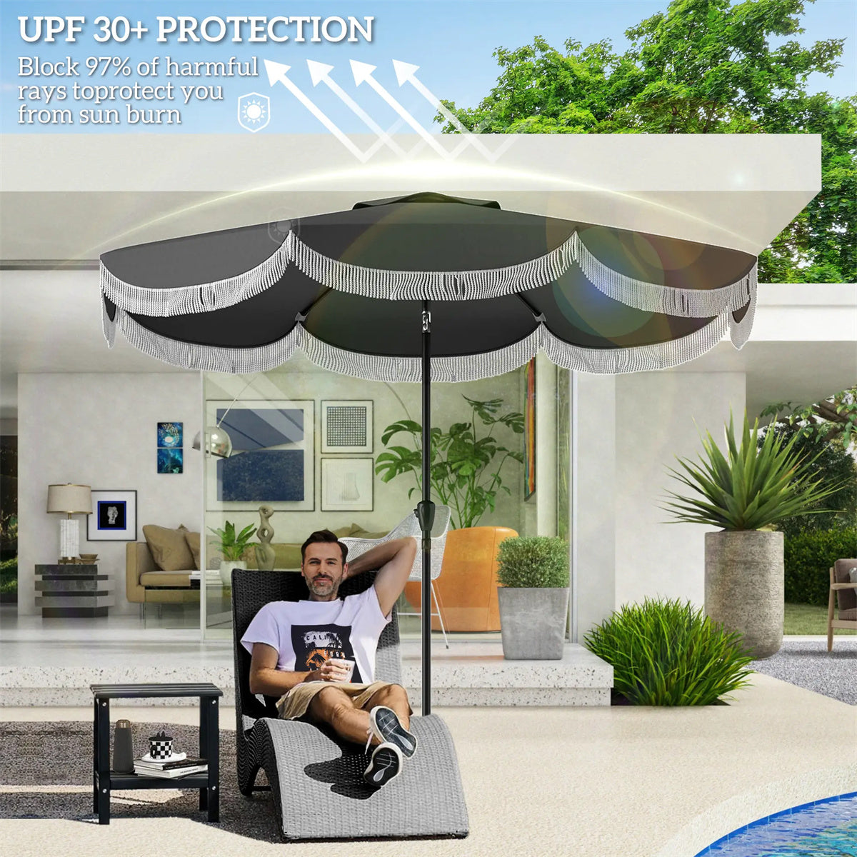 8.8FT Elegance Patio Umbrella, UPF 30+ Outdoor Market Umbrella with 8 Ribs, Push Button Tilt,Charcoal Gray