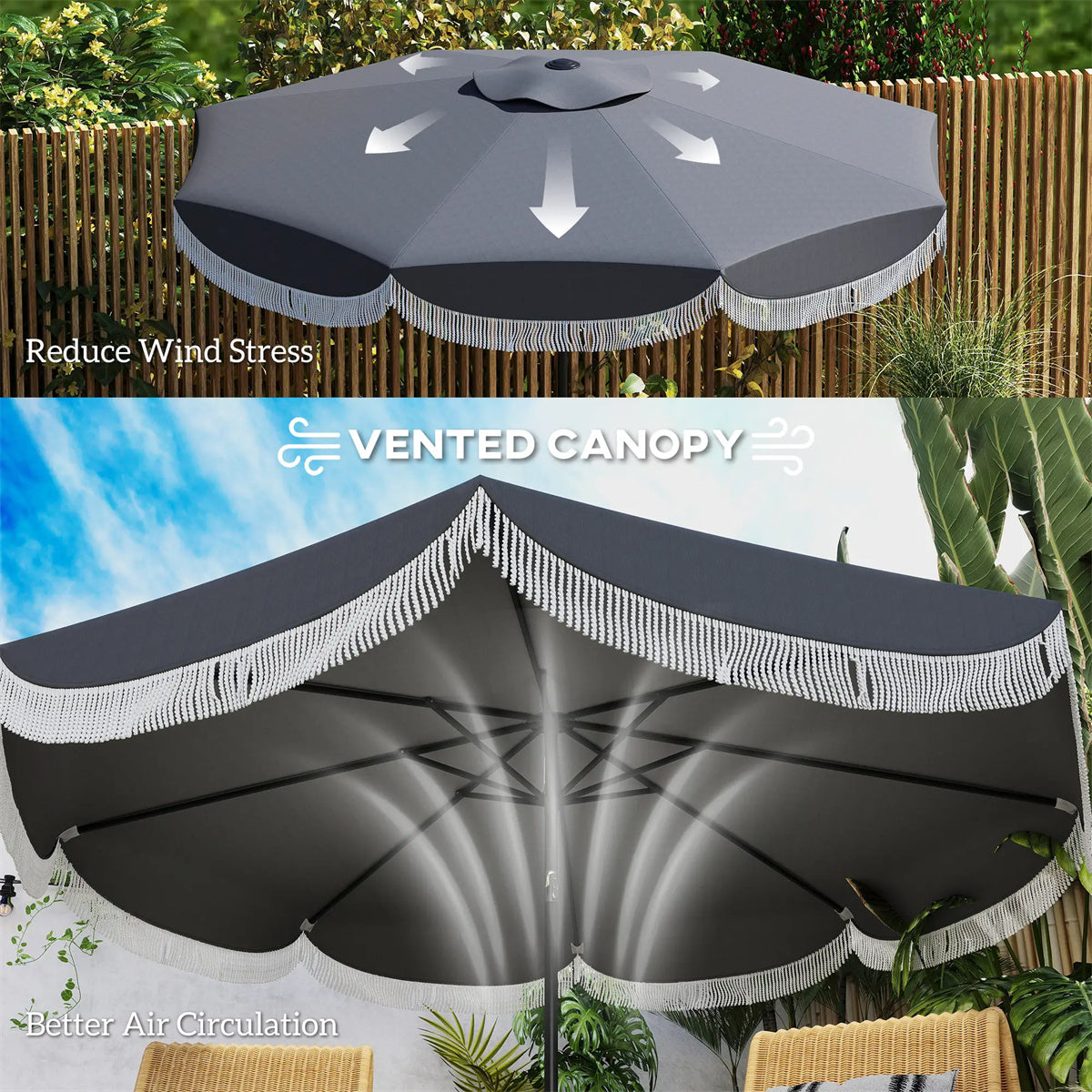 8.8FT Elegance Patio Umbrella, UPF 30+ Outdoor Market Umbrella with 8 Ribs, Push Button Tilt,Charcoal Gray
