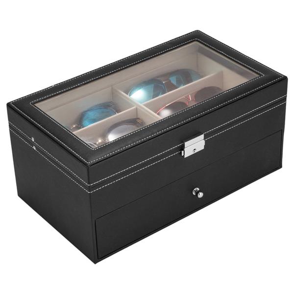 Leather 12 Piece Eyeglasses Storage and Sunglass Glasses Display Drawer Lockable Case Organizer Black
