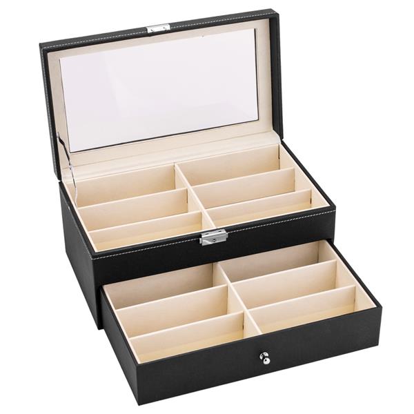 Leather 12 Piece Eyeglasses Storage and Sunglass Glasses Display Drawer Lockable Case Organizer Black
