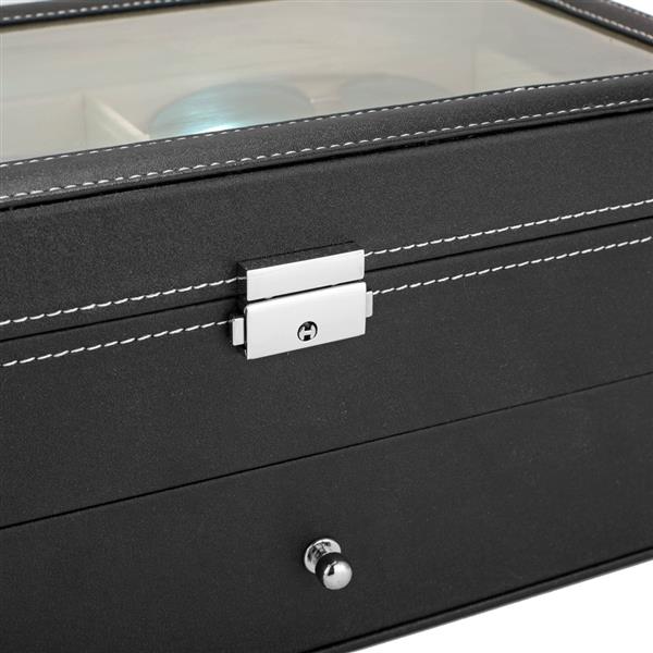 Leather 12 Piece Eyeglasses Storage and Sunglass Glasses Display Drawer Lockable Case Organizer Black
