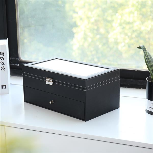 Leather 12 Piece Eyeglasses Storage and Sunglass Glasses Display Drawer Lockable Case Organizer Black