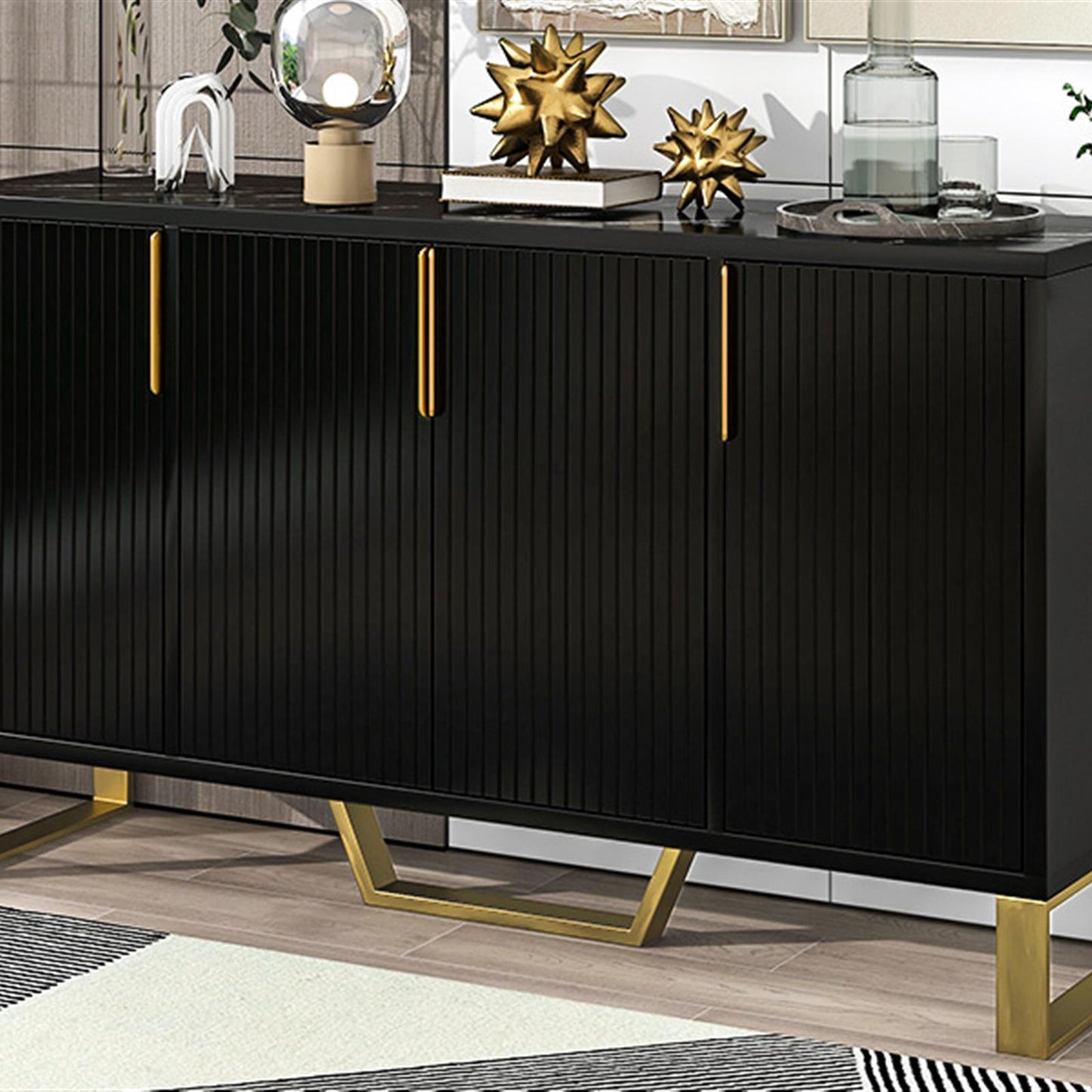 Modern sideboard with Four Doors, Metal handles & Legs and Adjustable Shelves Kitchen Cabinet (Black)