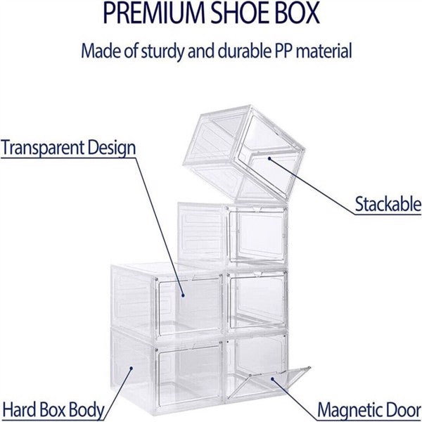 6 Pack Transparent Shoe Storage Boxes Hard Plastic Stackable Shoe Box Organiser